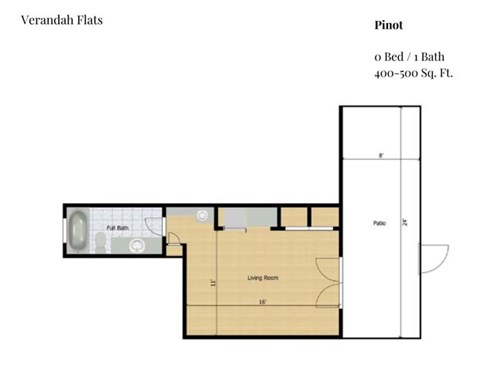 Floor plan for studio, 1 bath, 400 sqft